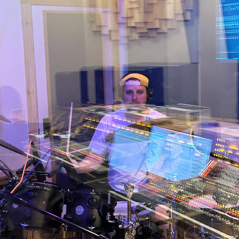 Dave on the drums - reflections in the SusuSound Studio